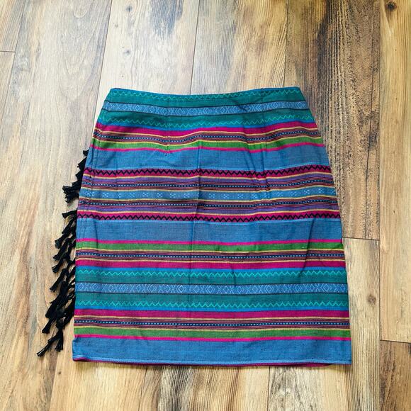 90s Vintage Boho Mini Skirt Aztec Striped Fringe Pleated Cotton Colorful Large - Picture 4 of 9